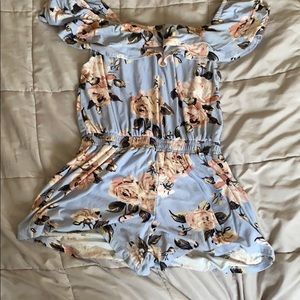 Blue off the shoulder floral romper